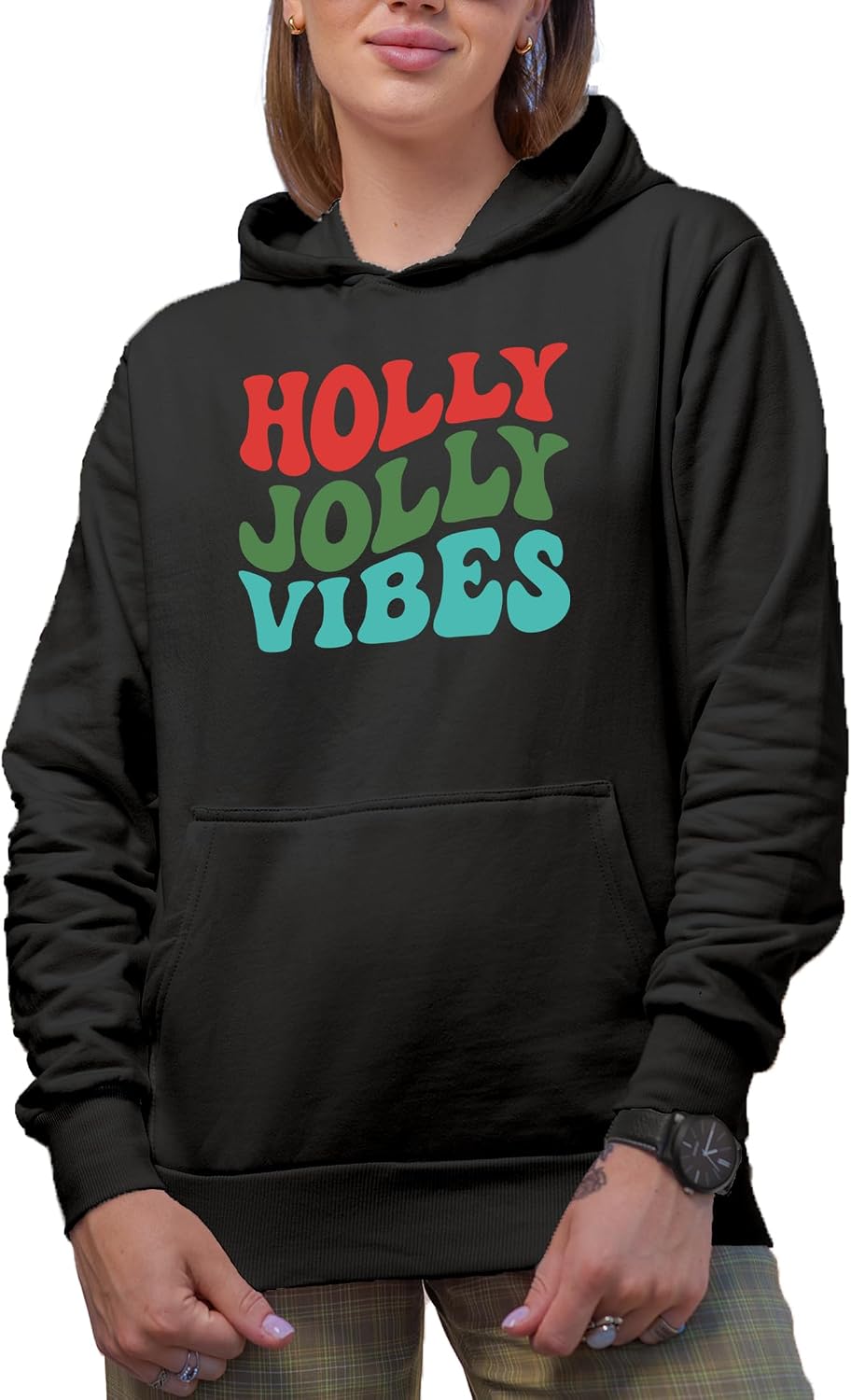 Novelty Hoodie, Holly Jolly Vibes, Christmas or Winter Season Themed, Groovy Retro Wavy Text Merch Gift