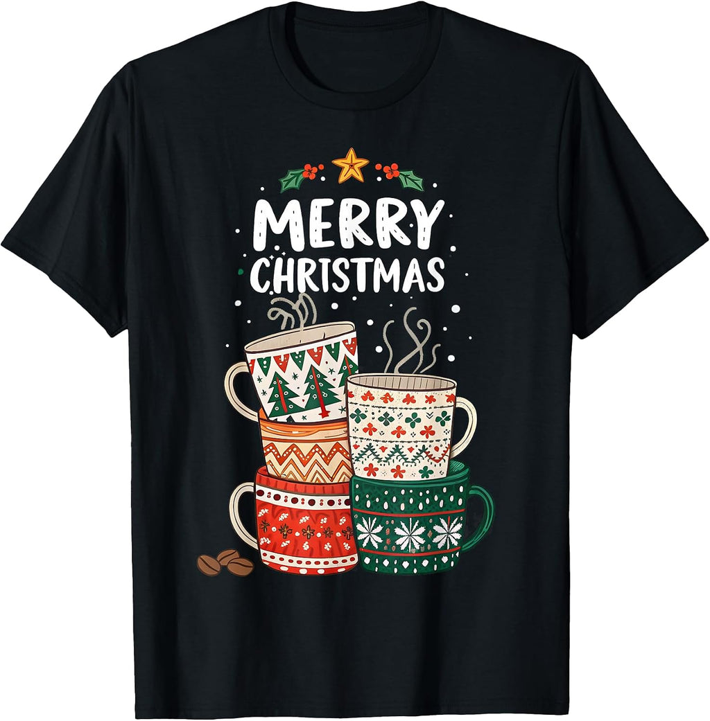 Cozy Caffeine Christmas Stacked Holiday Coffee Cups Retro T-Shirt
