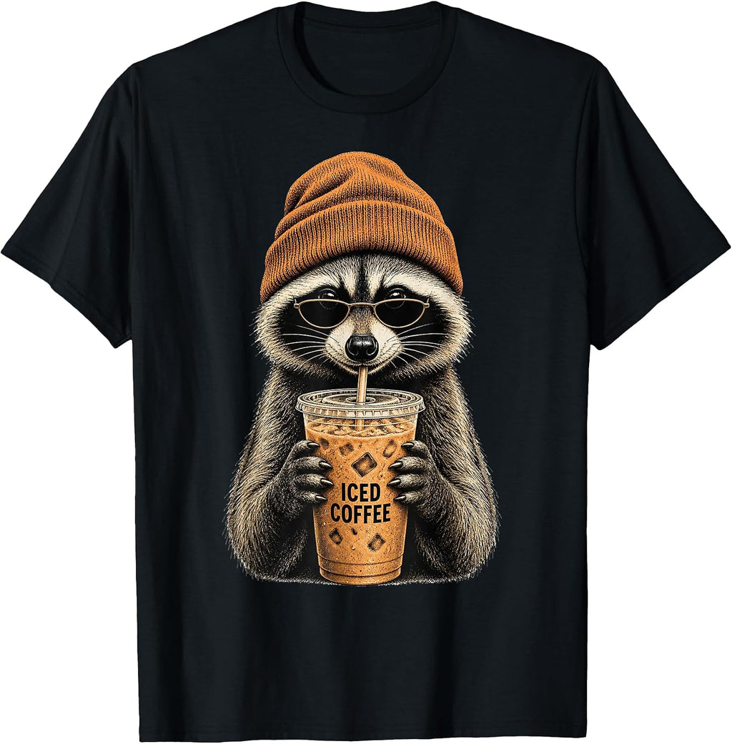 Cool Raccoon Drinking Iced Coffee Funny Hipster Raccoon Meme T-Shirt