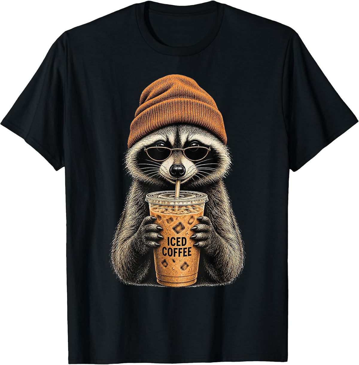 Cool Raccoon Drinking Iced Coffee Funny Hipster Raccoon Meme T-Shirt