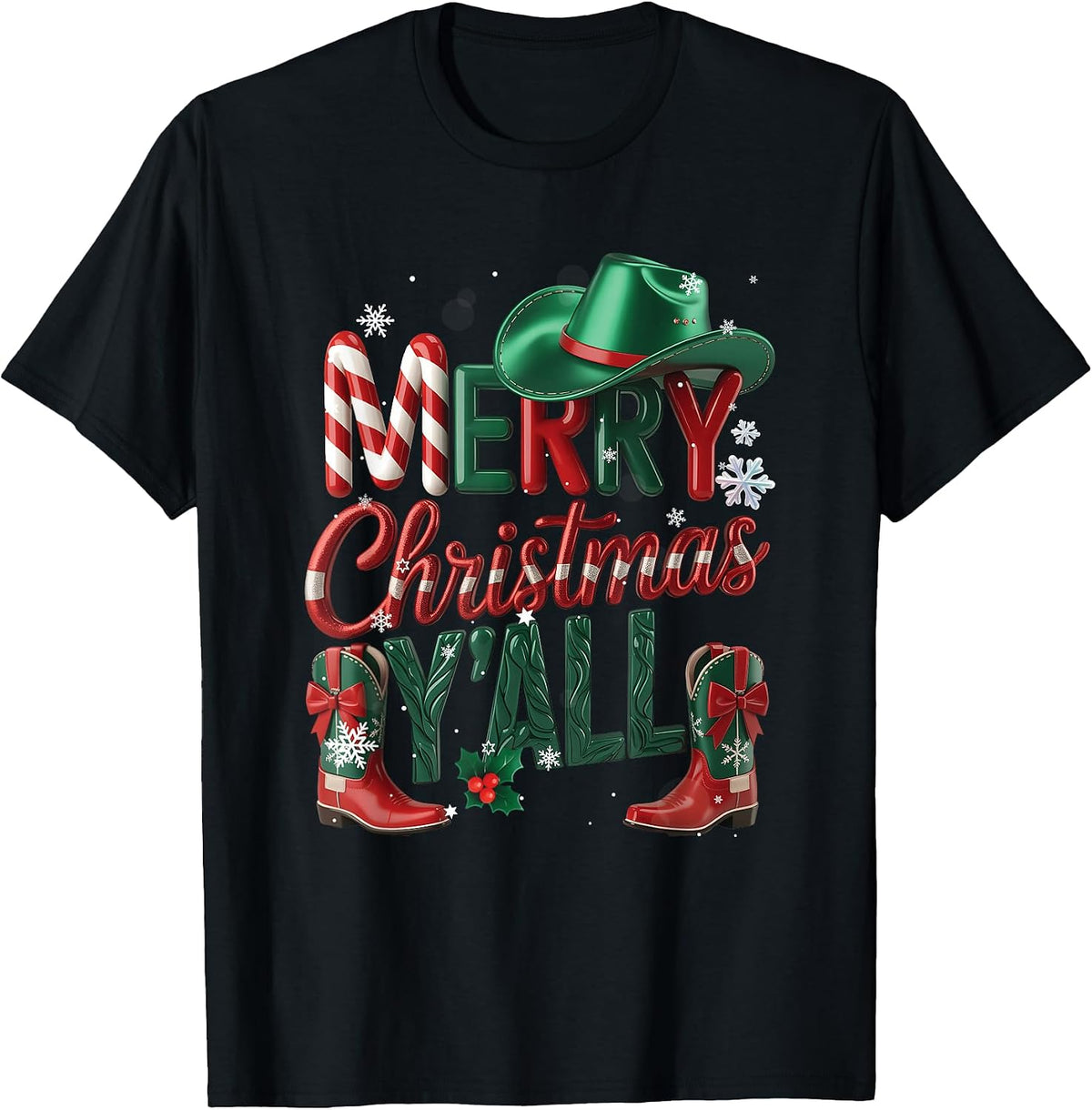 Western Cowboy Howdy Merry Christmas Yall Cowgirl Boots Hat T-Shirt