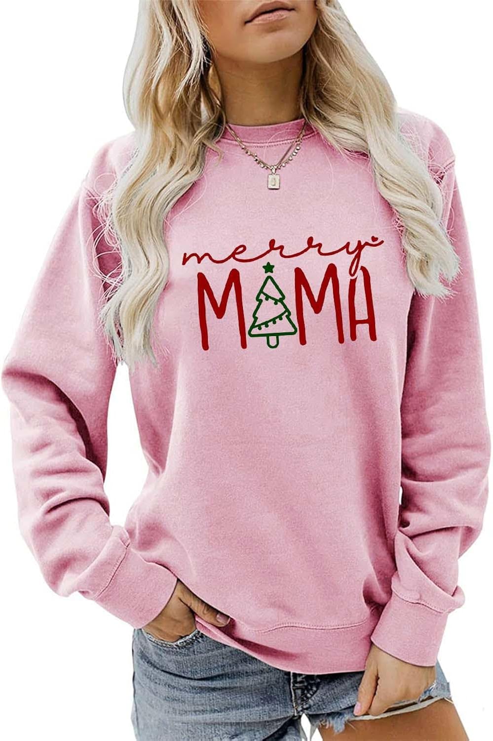 Merry Mama Sweatshirt, Funny Christmas Mom Shirt Women Retro Crewneck Xmas Tree Sweater Winter Holiday Pullover Tops