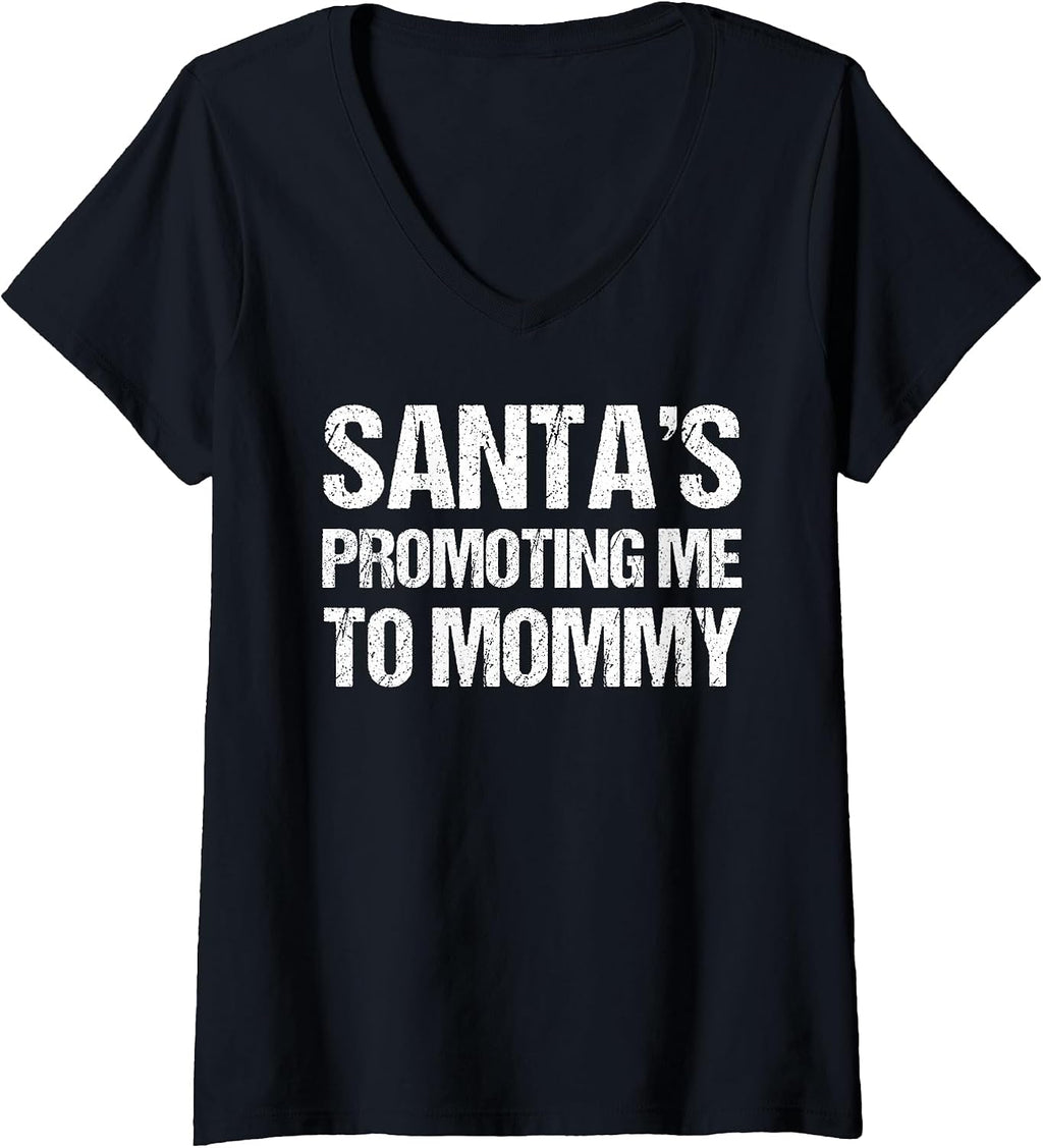 Women's Christmas Pregnancy T-Shirt Santas Promoting Me to Mommy V-Neck T-Shirt
