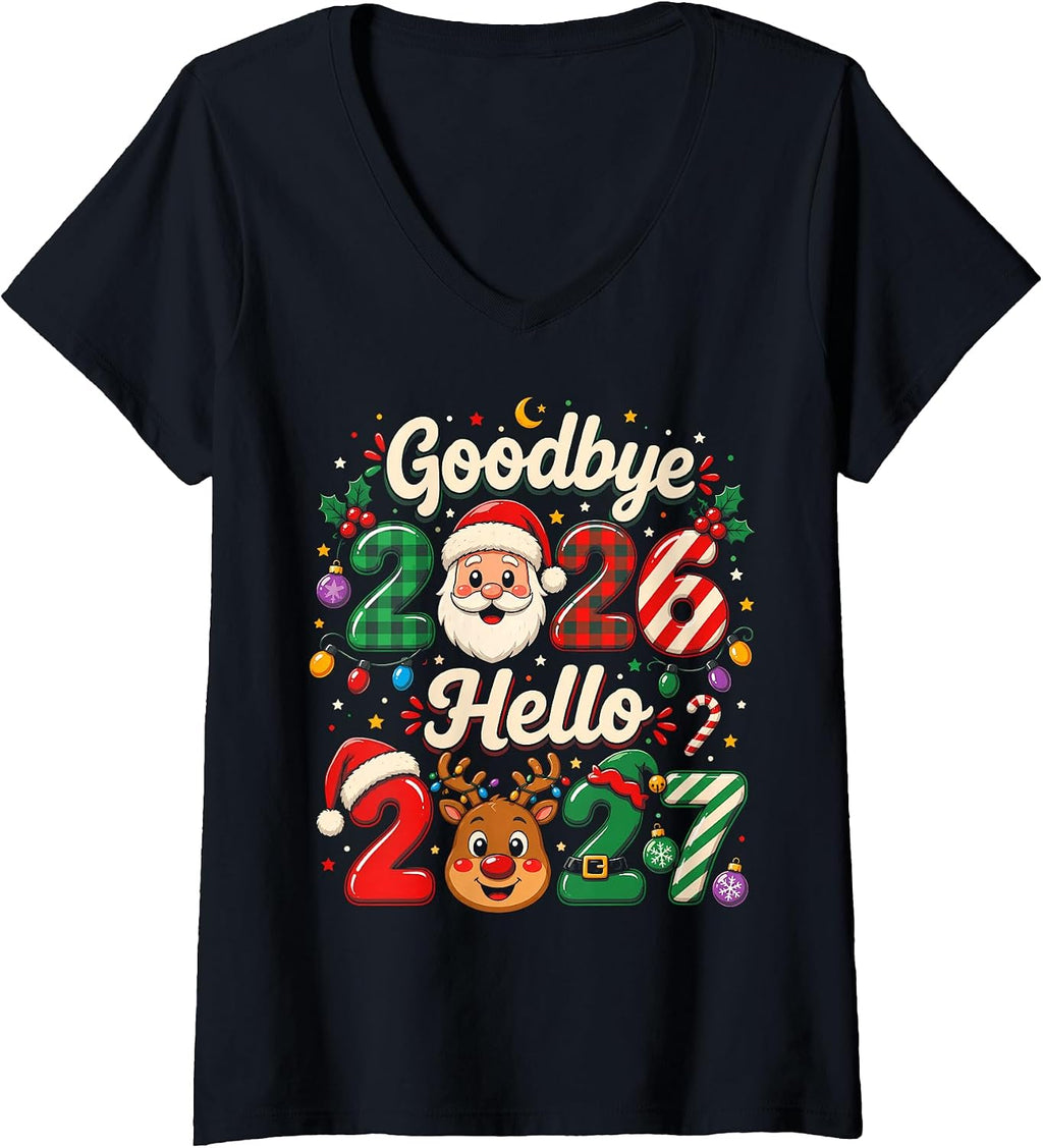 Women's New Year 2027 Goodbye 2026 Hello Christmas Family Matching V-Neck T-Shirt