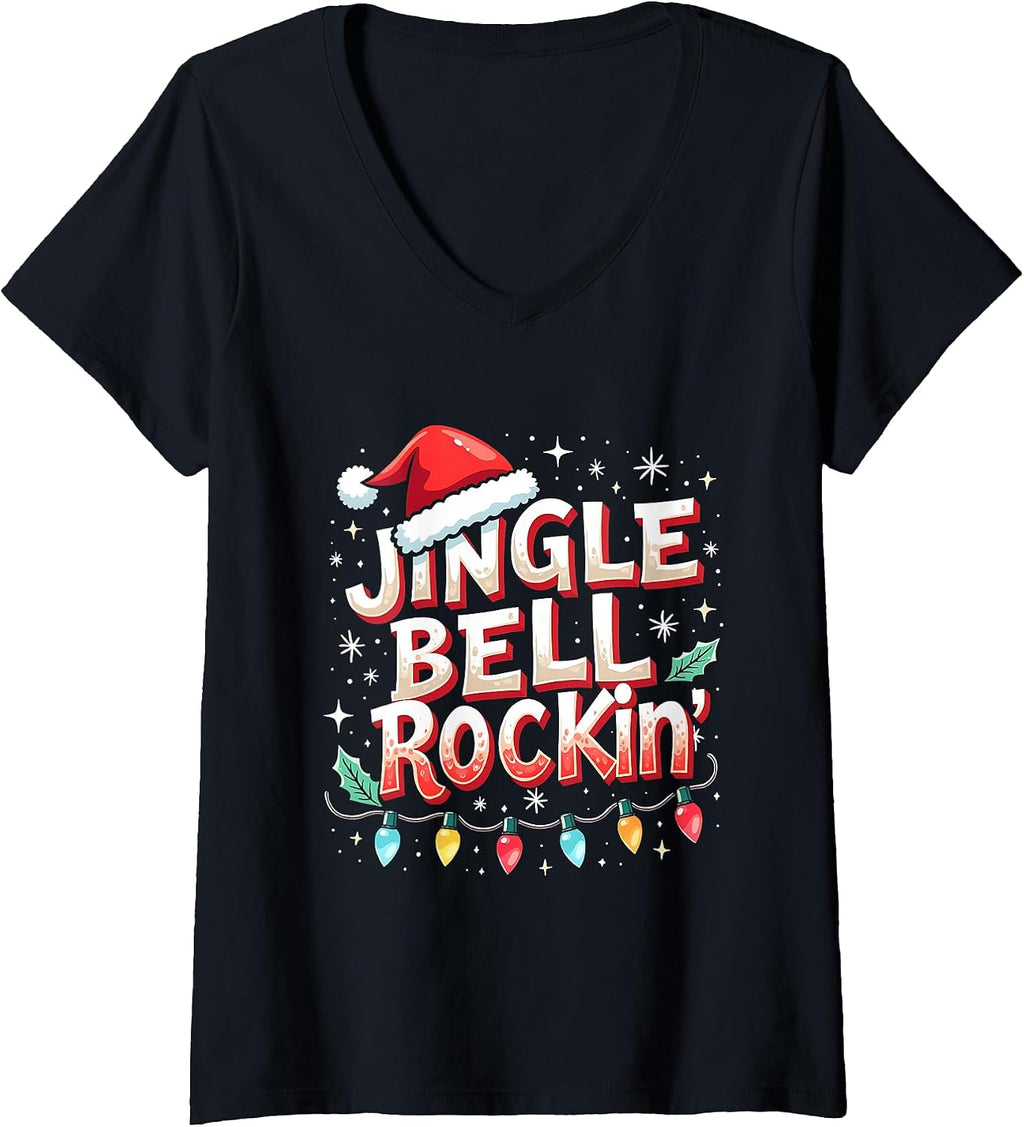 Womens Santa Jingle Bell Rock Trending Christmas Music Lovers V-Neck T-Shirt
