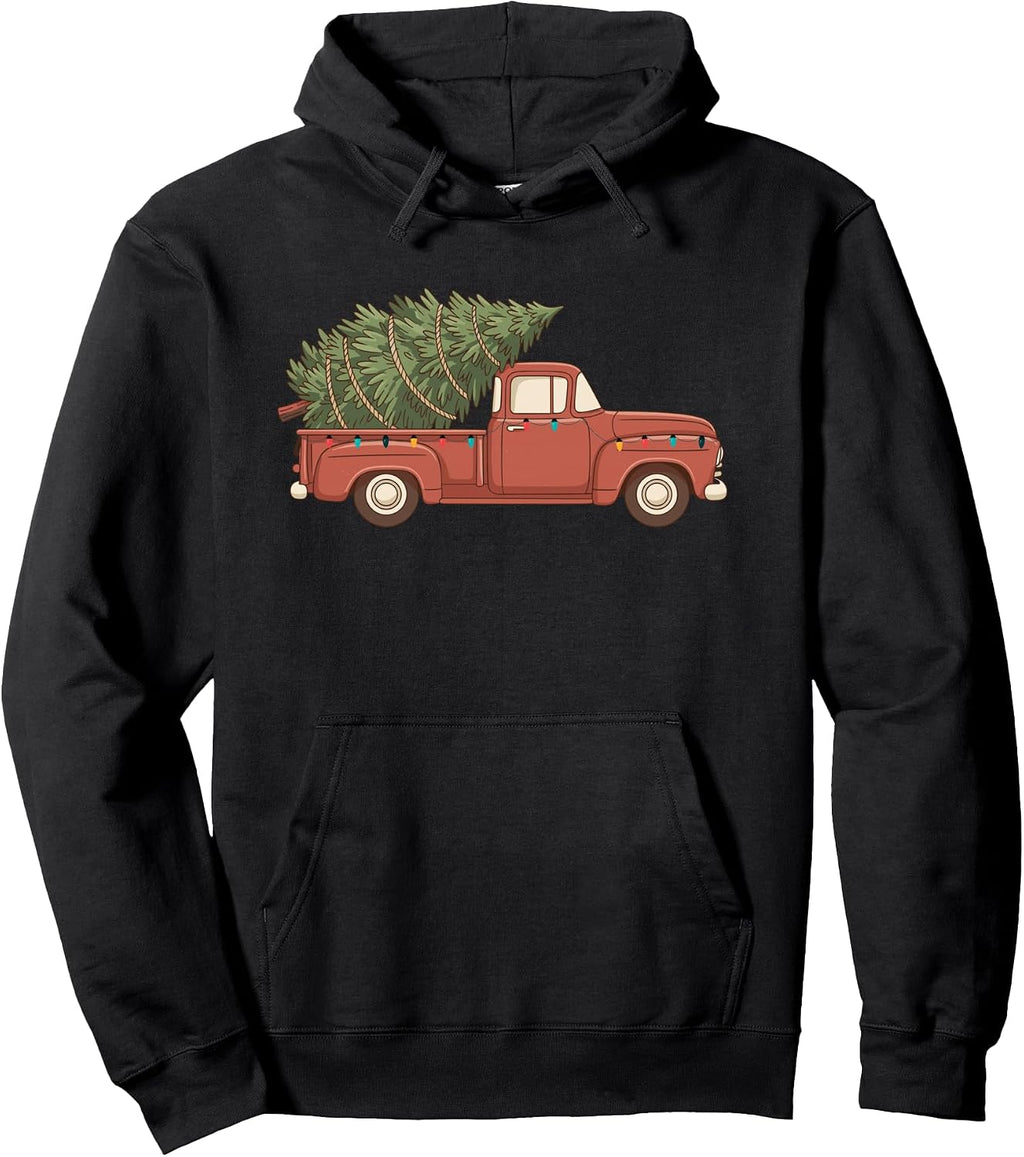 Classic Red Truck Christmas Tree Xmas Lights Farmhouse Pullover Hoodie