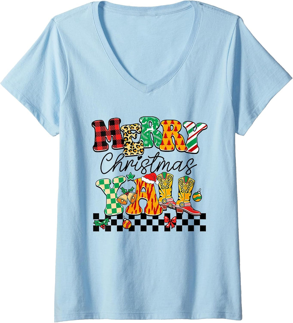 Womens Merry Christmas Y'all Western Cowgirl Holiday Boots V-Neck T-Shirt