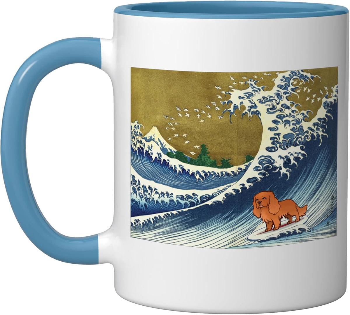 Retro Vintage Surfing Ruby Cavalier King Charles Dog Lover Ceramic Mug, Blue/White, 11oz