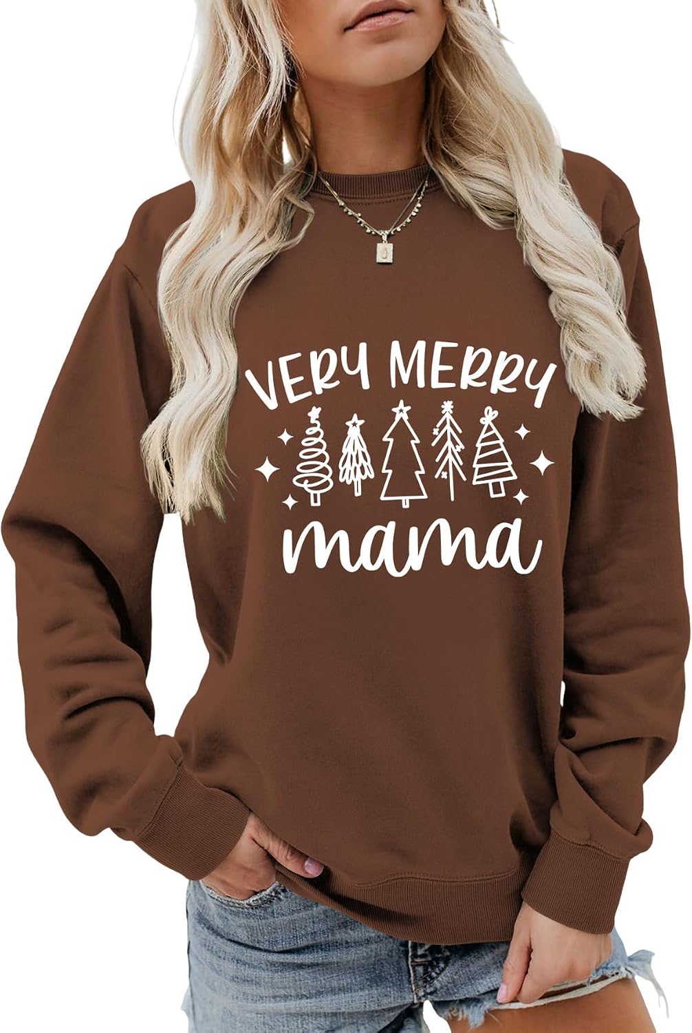 Very Merry Mama Sweatshirts for Women, Merry Christmas Long Sleeve Tops Shirts Loose Fit Crewneck Pullover