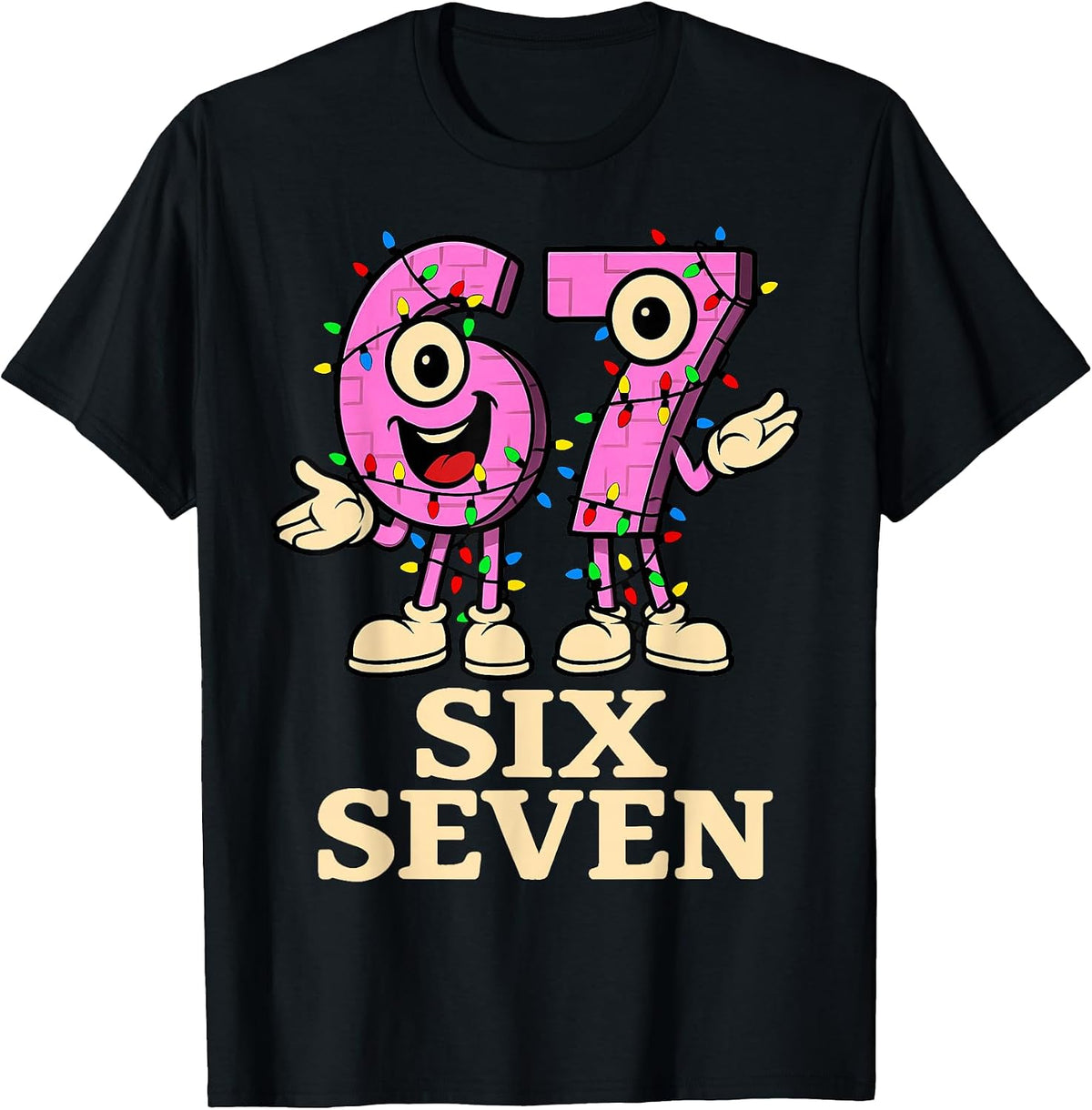 Pink 67 Six Seven 6-7 Christmas Lights - Funny Brainrot Meme T-Shirt