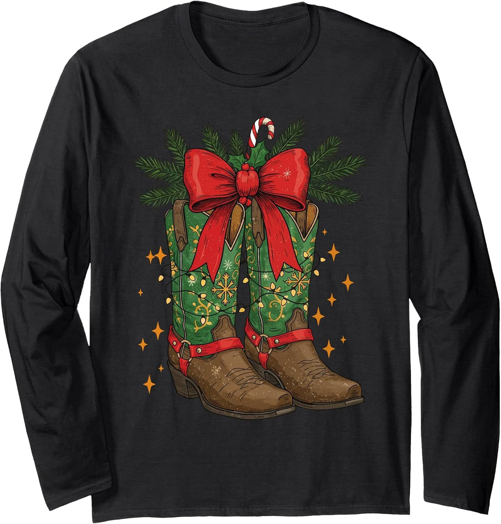 Christmas Cowgirl Boots Cowboy Western Coquette Bow Xmas Long Sleeve T-Shirt
