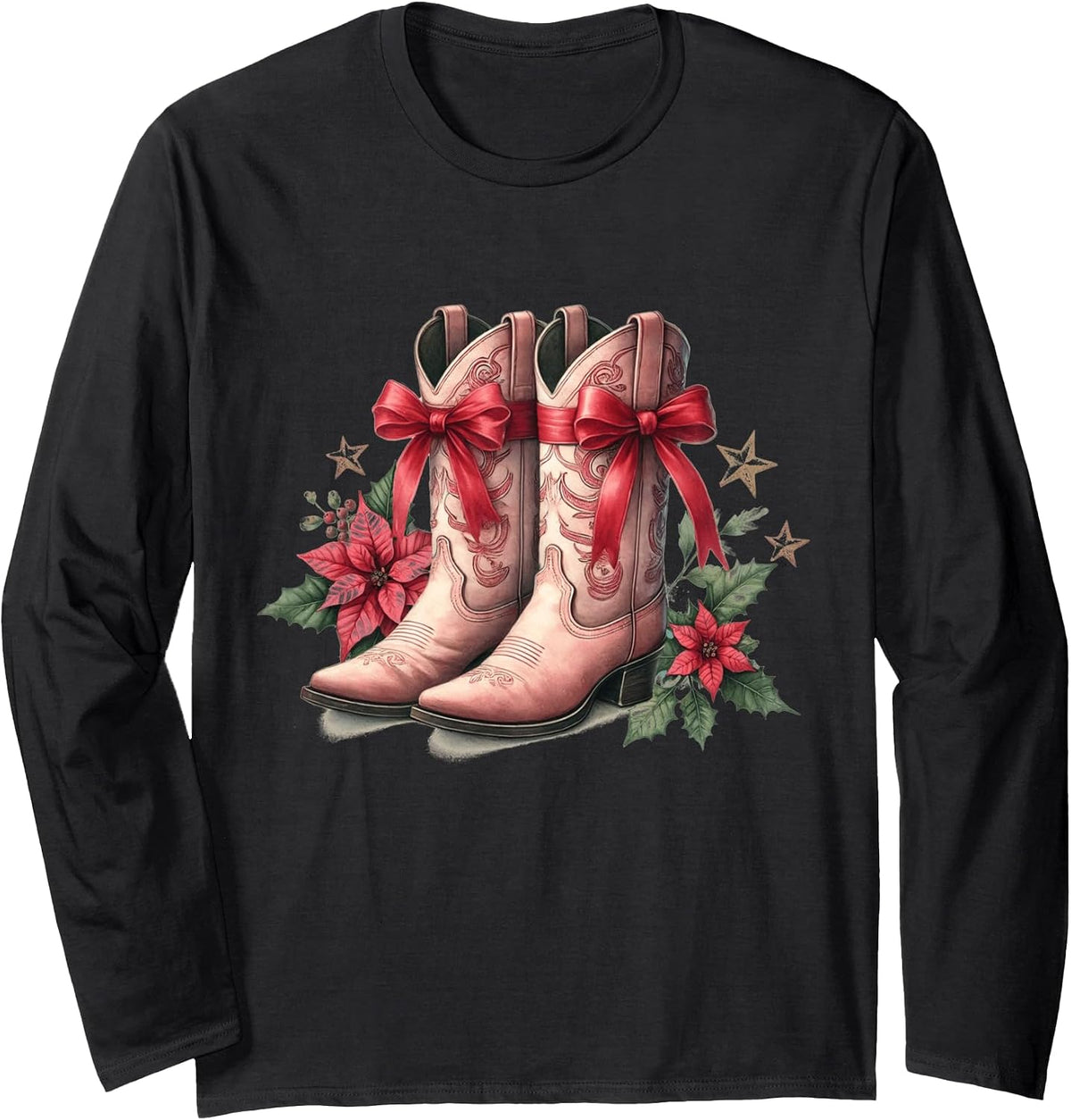 Christmas Western Cowboy Cowgirl Coquette Bow Pink Boots Long Sleeve T-Shirt