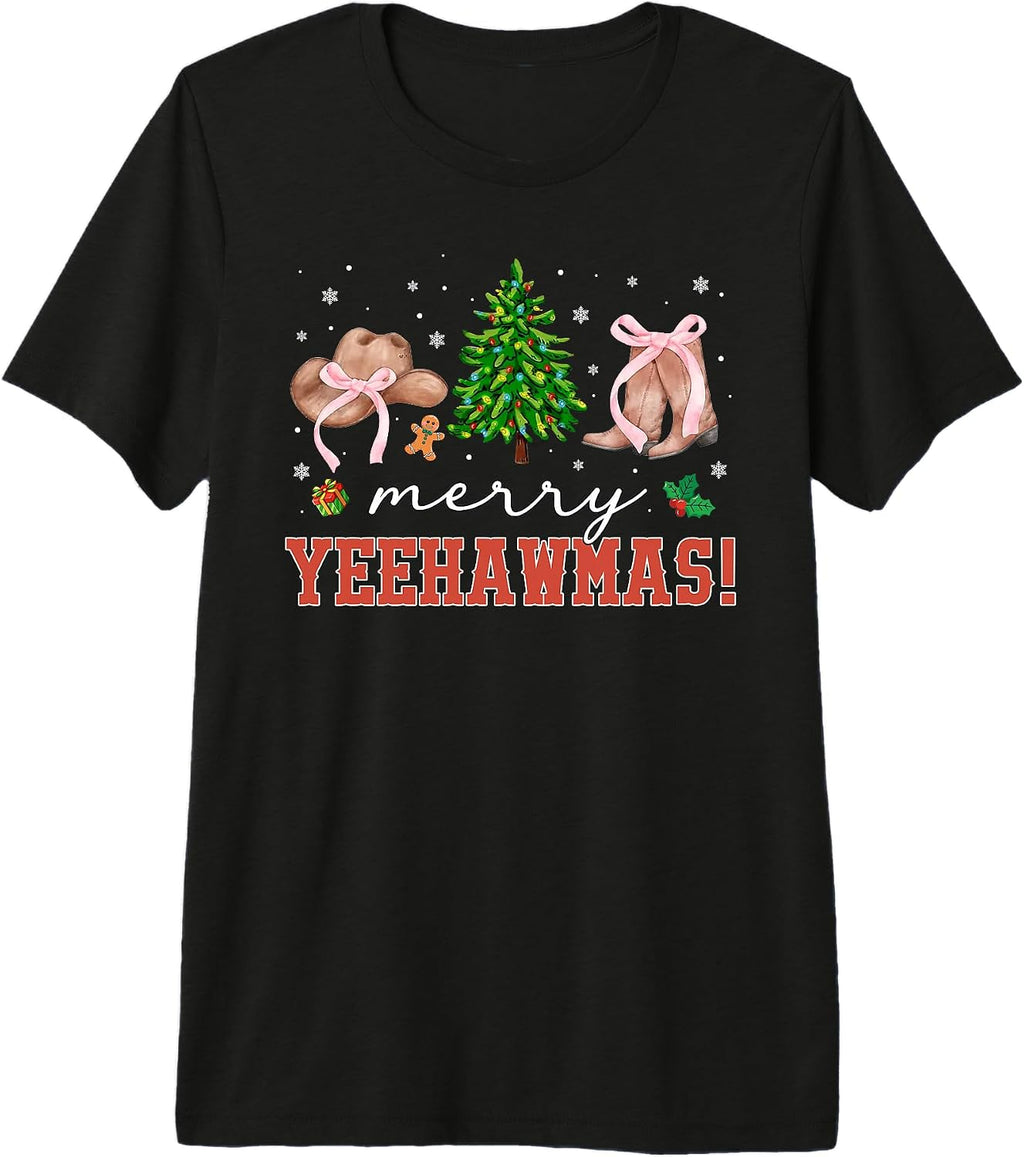 Merry YeehawMas Christmas Cowgirl Western Coquette Pink Bow Premium Tri-Blend T-Shirt