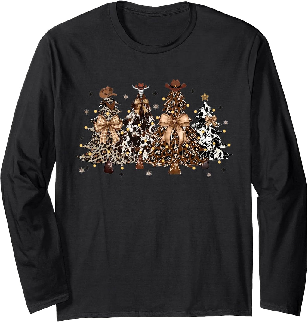 Christmas Tree Western Retro Cowboy Coquette Design Cowgirl Long Sleeve T-Shirt