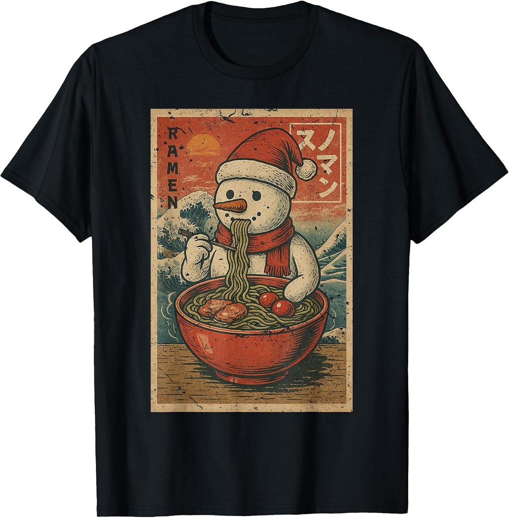 Snowman Eating Ramen Christmas Anime Vintage Japanese Ukiyoe T-Shirt
