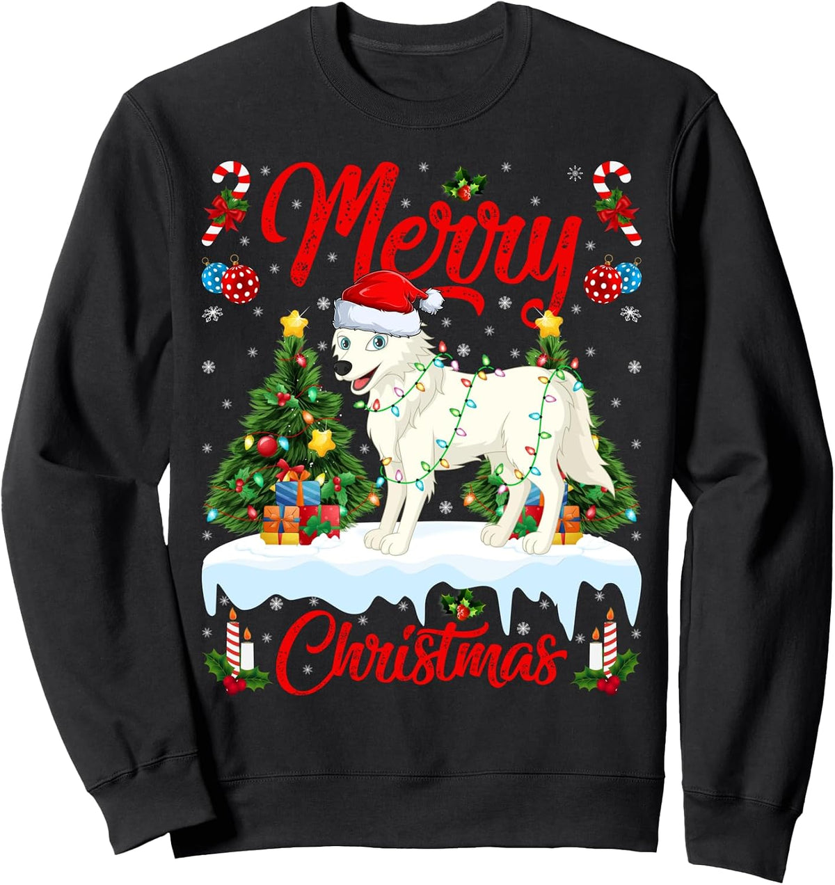 Arctic Wolf Merry Christmas Tree Lights Arctic Wolf Xmas Sweatshirt