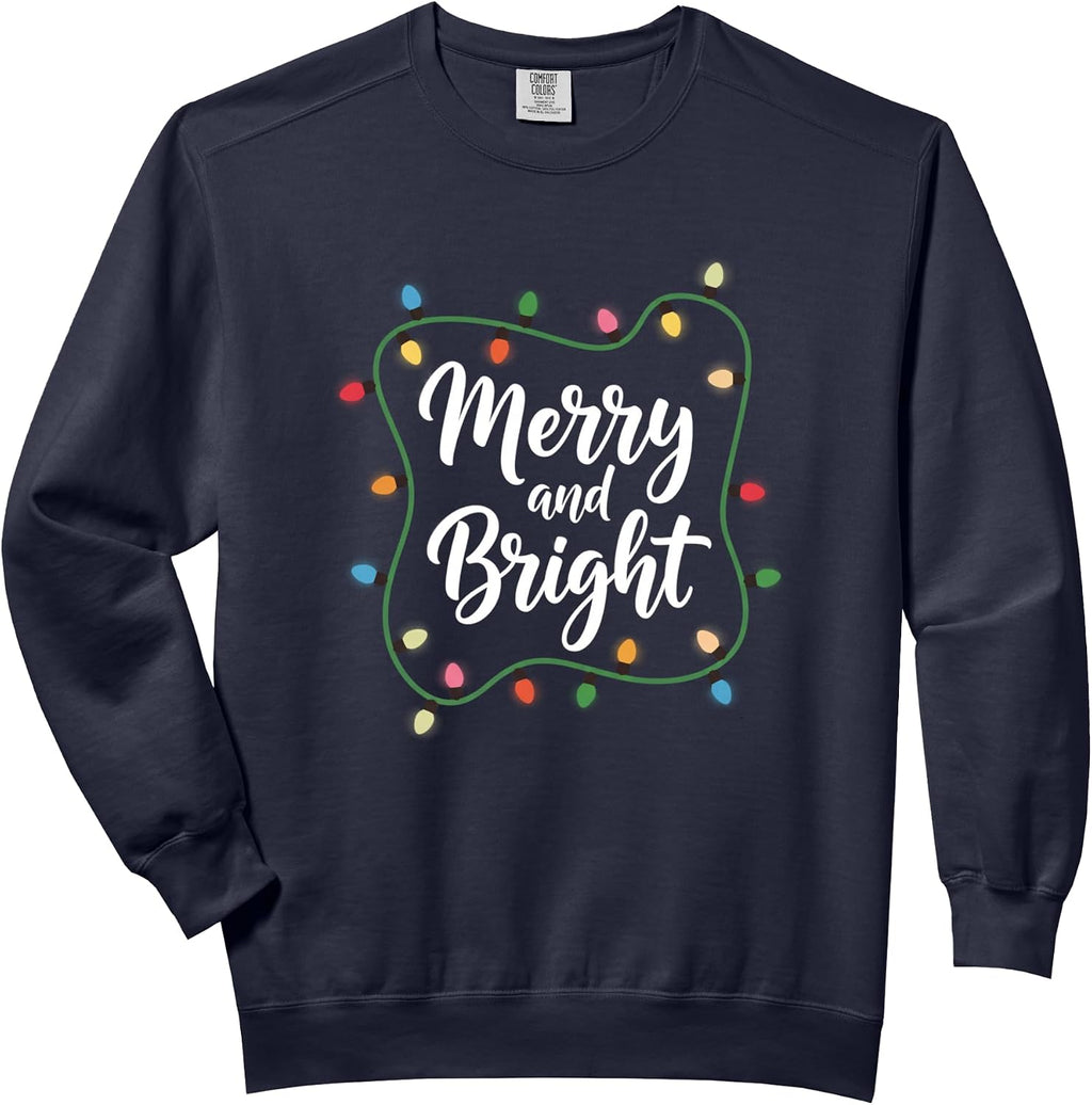 Merry And Bright Christmas Holiday Lights Funny Holiday Comfort Colors Adult Sweatshirt