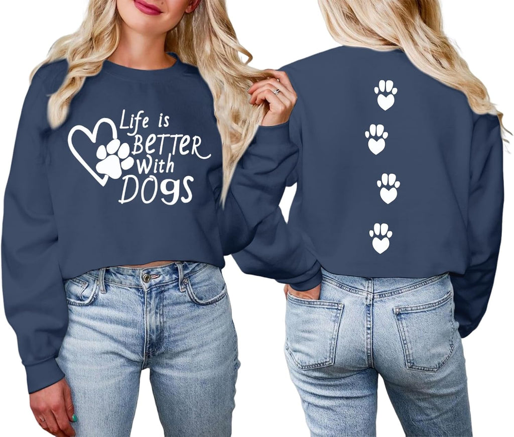 Dog Mom Sweatshirt Dog Lover Sweatshirts Love Heart Paw Graphic Long Sleeve Shirts Cute Pullover Gifts for Women