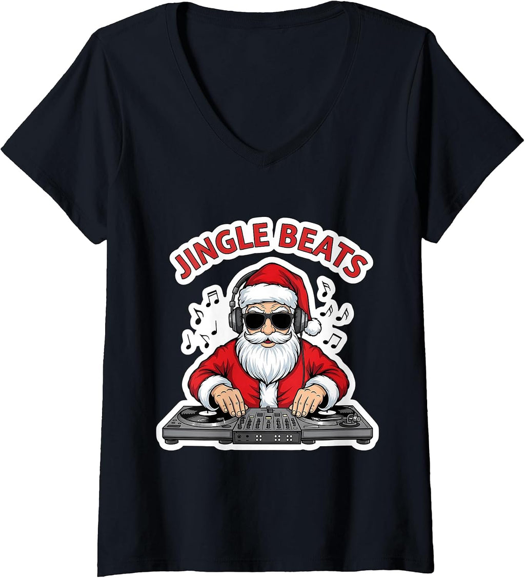 Womens Jingle Beats Funny Christmas DJ Music Lover Creator Santa V-Neck T-Shirt