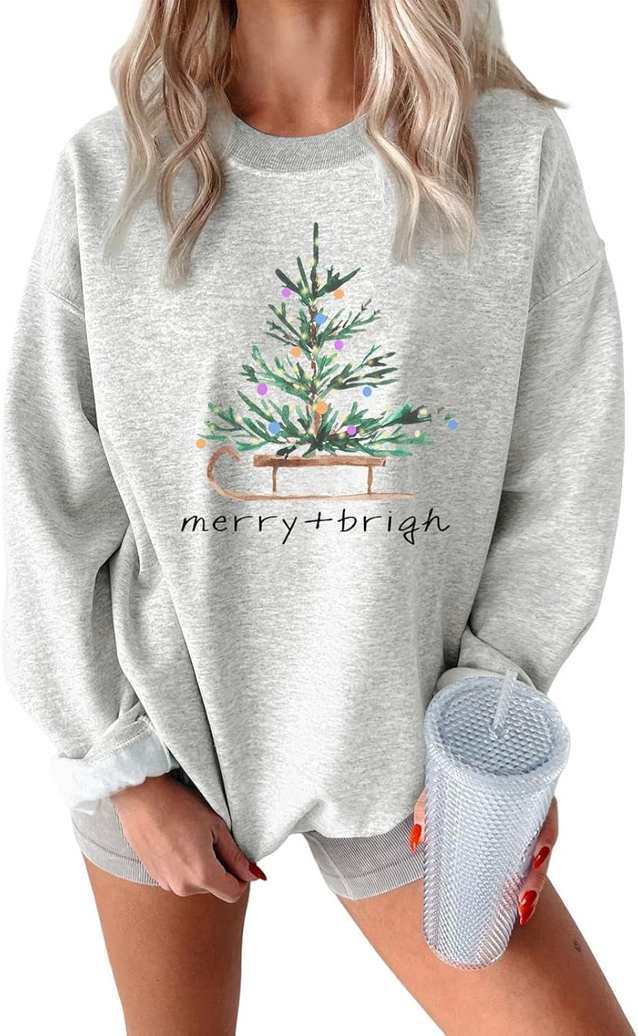 Merry And Bright Sweater Women Merry Christmas Top Bright Lights Christmas Tree Sweatshirt Holiday Casual Blouse