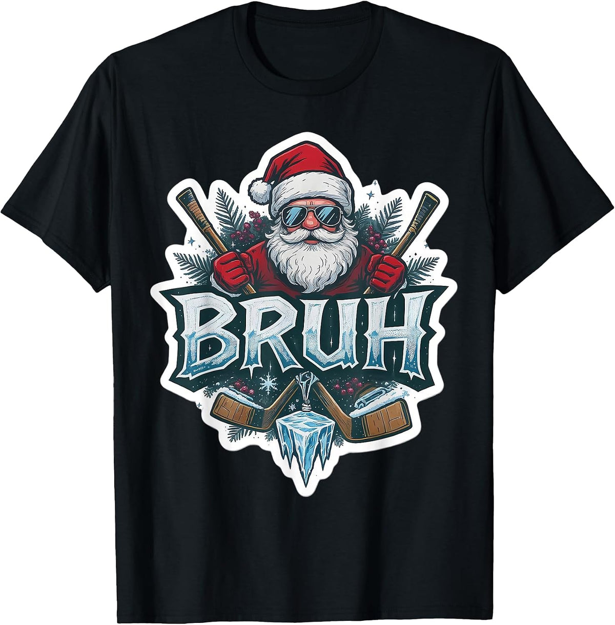 Bruh Ice Hockey Funny Christmas Teens Boys Kids Xmas Santa T-Shirt