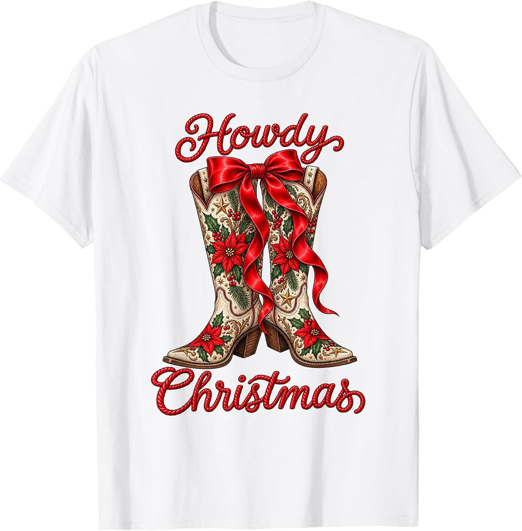 Cowgirl Howdy Christmas Cowboy Boots Poinsettia Country Rope T-Shirt