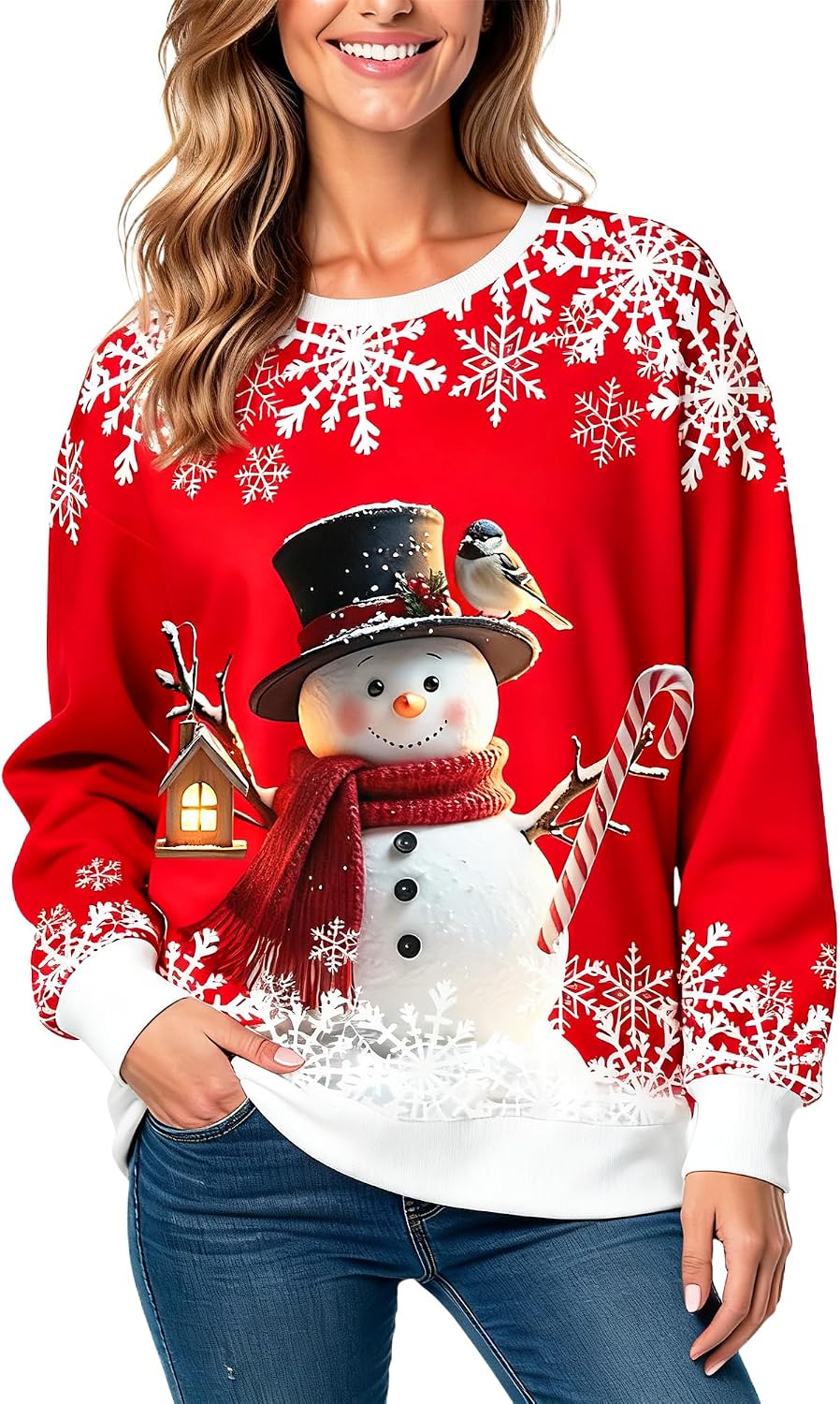 Christmas Sweatshirts for Women:Funny Snowman Printing Xmas Holiday Crewneck Long Sleeve Pullover Top Red