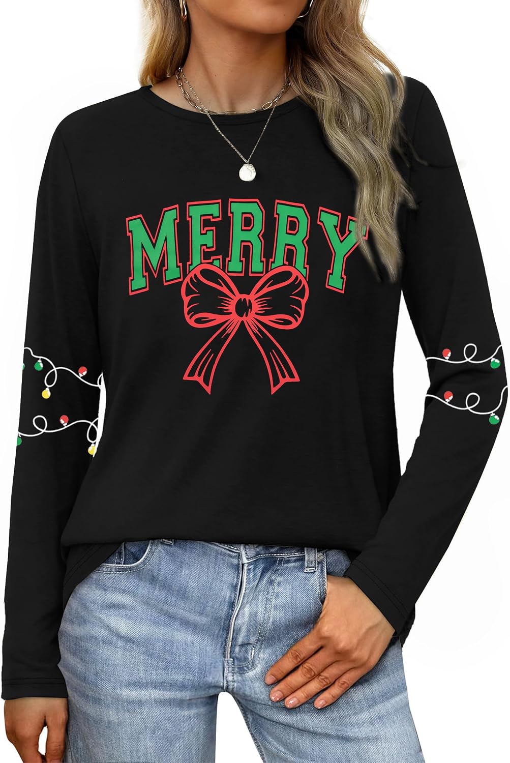 Christmas Long Sleeve Shirts for Women Christmas Light Shirt Merry Tee Xmas Holiday Soft Gifts Top