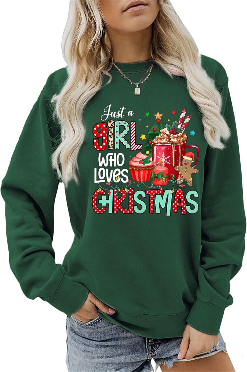 Just A Girl Who Loves Christmas Sweatshirt for Women Cute Christmas Tree Lights Coffee Cup Graphic Crewneck Tops