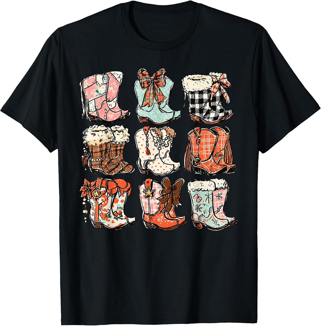Christmas Cowboy Boots Western Cowgirl Holiday Women Girls T-Shirt