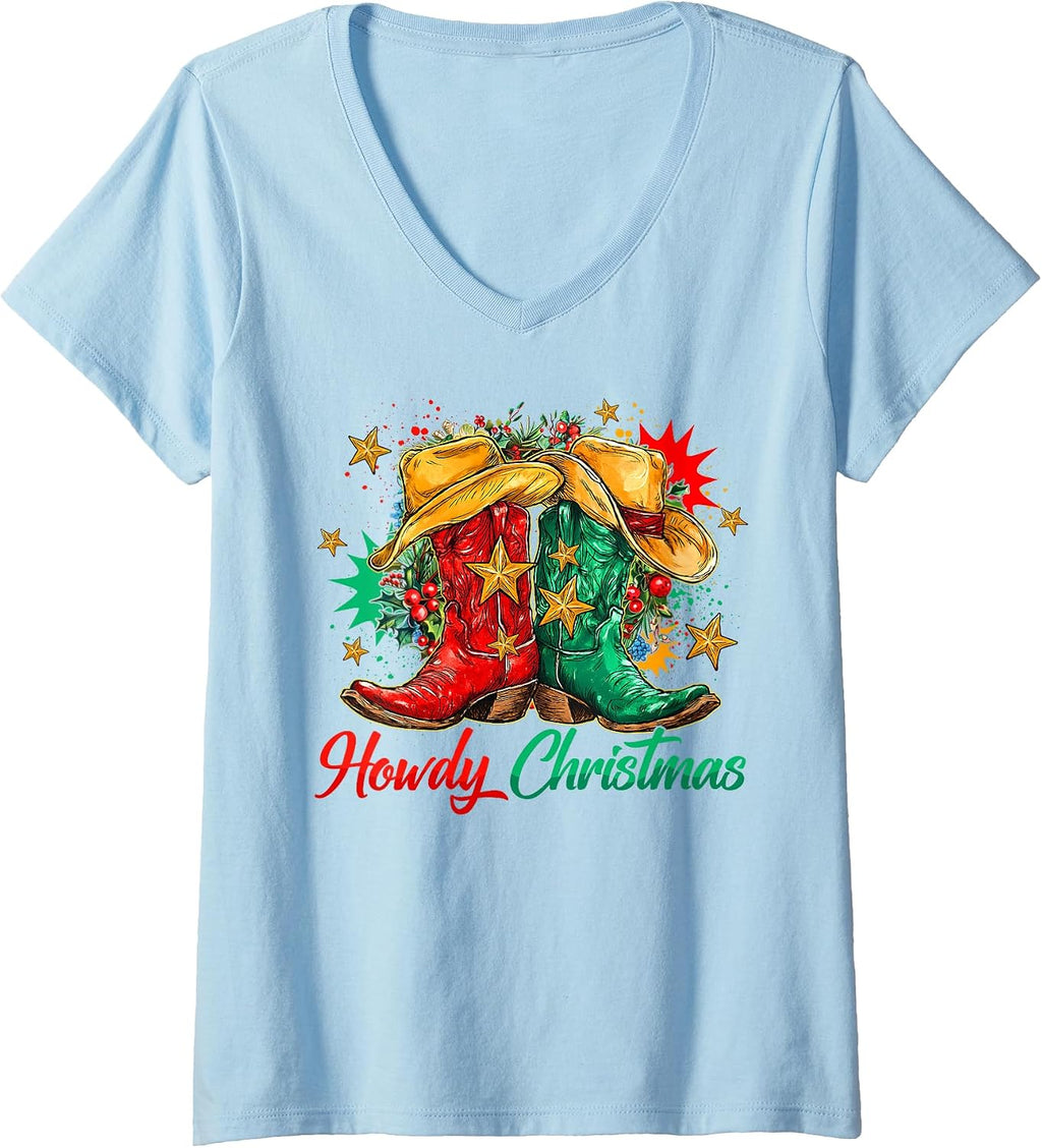 Womens Howdy Christmas Merry Christmas Western Cowboy Cowgirl Boots V-Neck T-Shirt