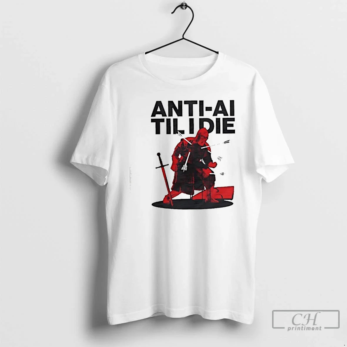 Classic Anti Ai Til I Die Medieval Warrior Kneeling With Sword And Arrows T Shirts Unisex