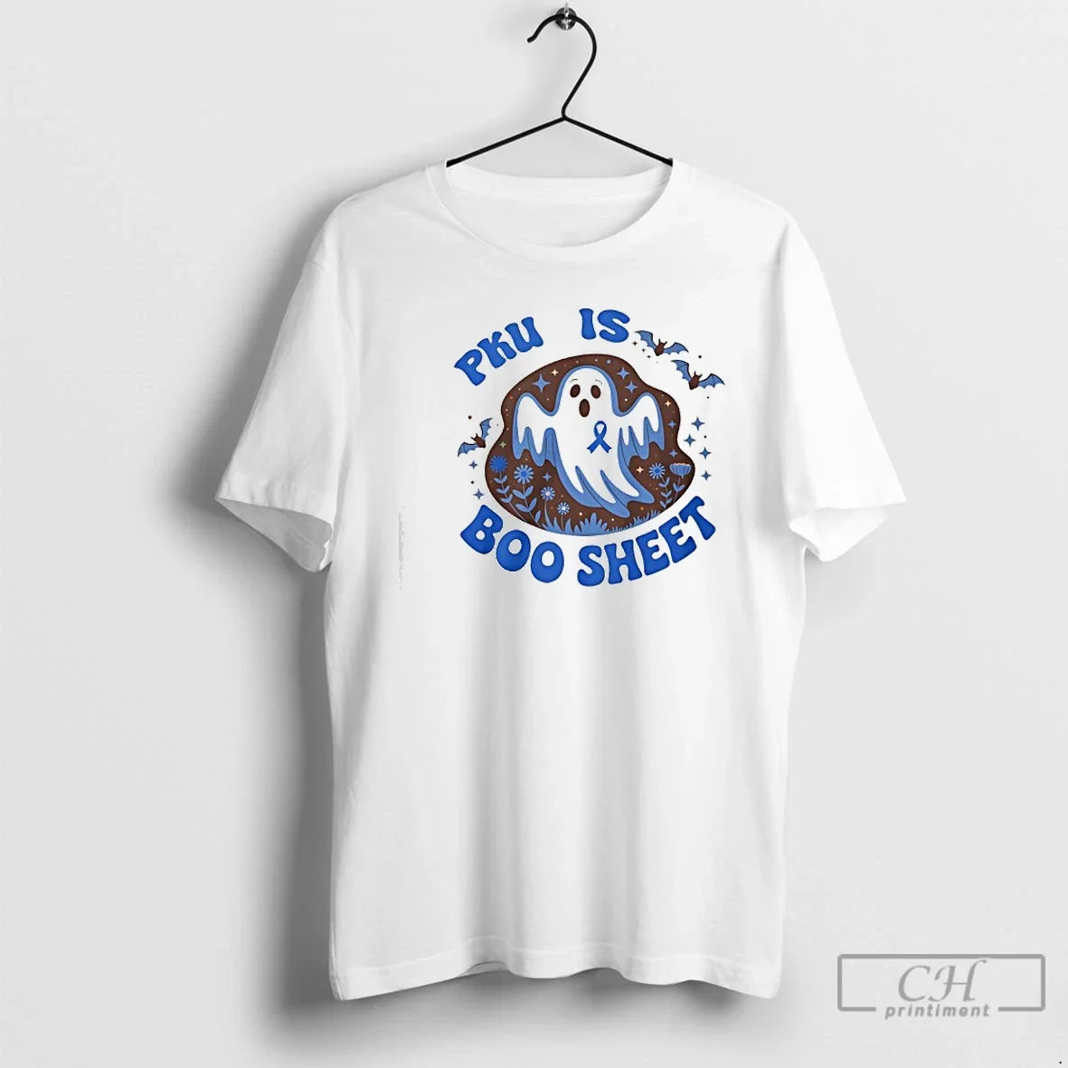 Classic Spooky Ghost And Bat Pku Is Boo Sheet Blue Ribbon Halloween T Shirts Sweater Unisex