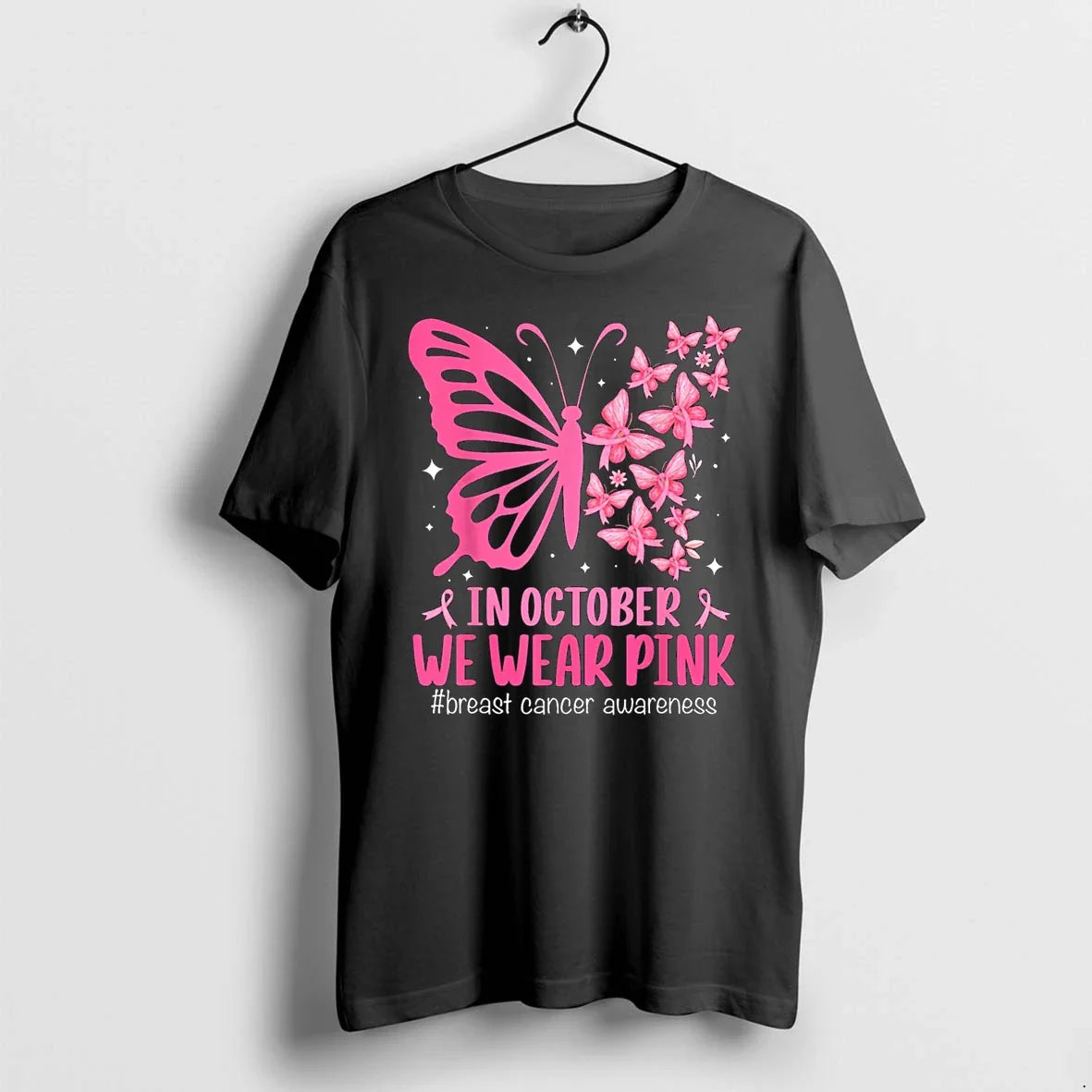 In October We Wear Pink Breast Cancer Awareness Butterfly Tshirts Sweater Unisex
