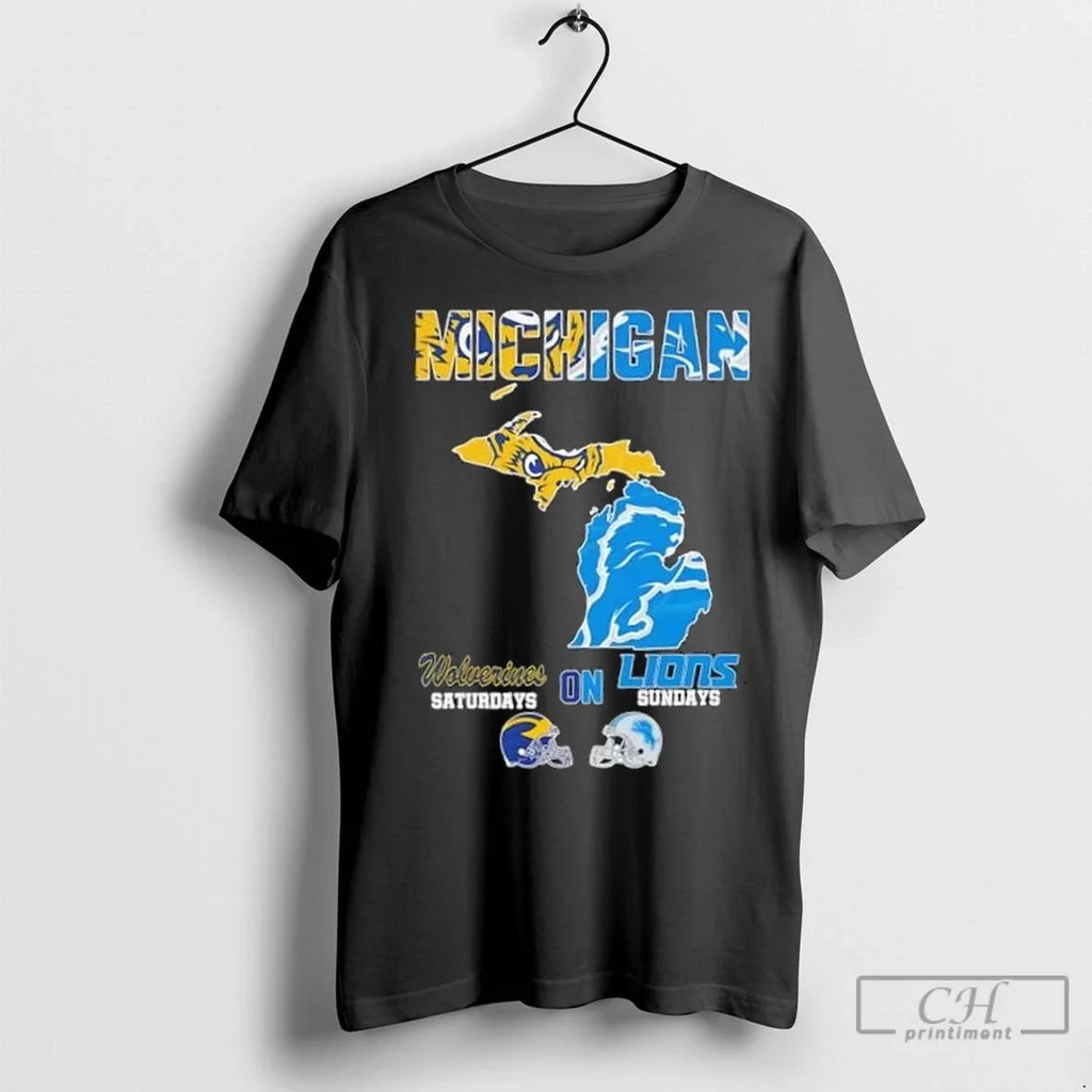 Premium Michigan Sports Map Michigan Wolverines Saturdays On Detroit Lions Sundays Unisex