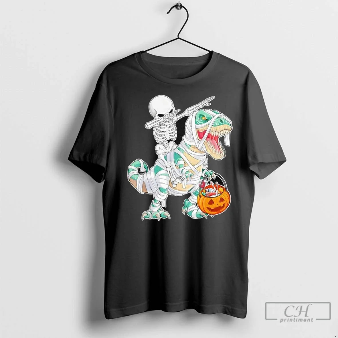 Premium Skeleton Riding Dancing Dab Dinosaur Trex Halloween T Shirts Unisex
