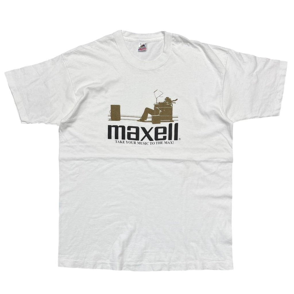 maxell GOLD LOGO TAKE YOUR MUSIC TO THE MAX ! WHITE FRUIT OF THE LOOM XL 6886