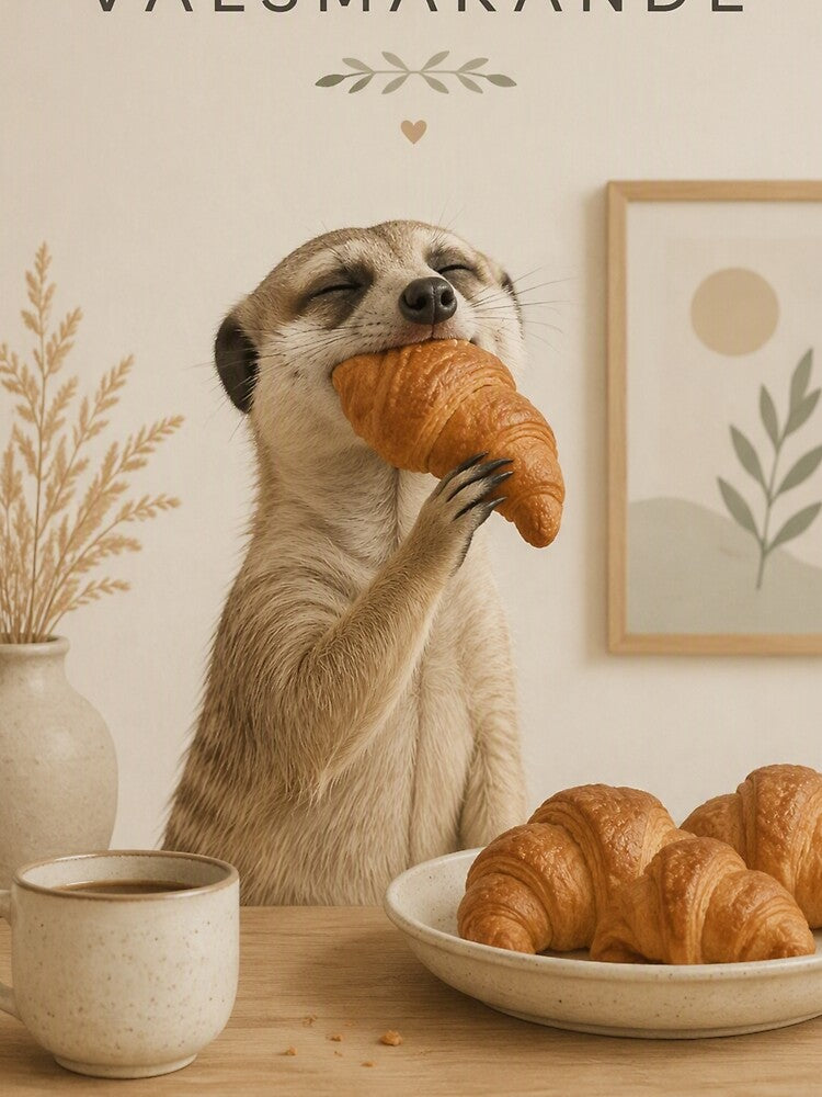 Hygge Meerkat & Croissant "DELICIOUS" Portrait by NickWhittleArt