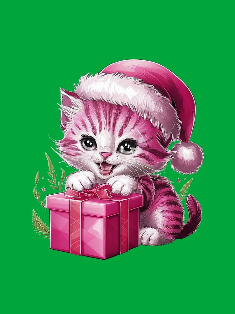Pink Christmas Kitty Playing With Present | Green by PinkGoddessLove