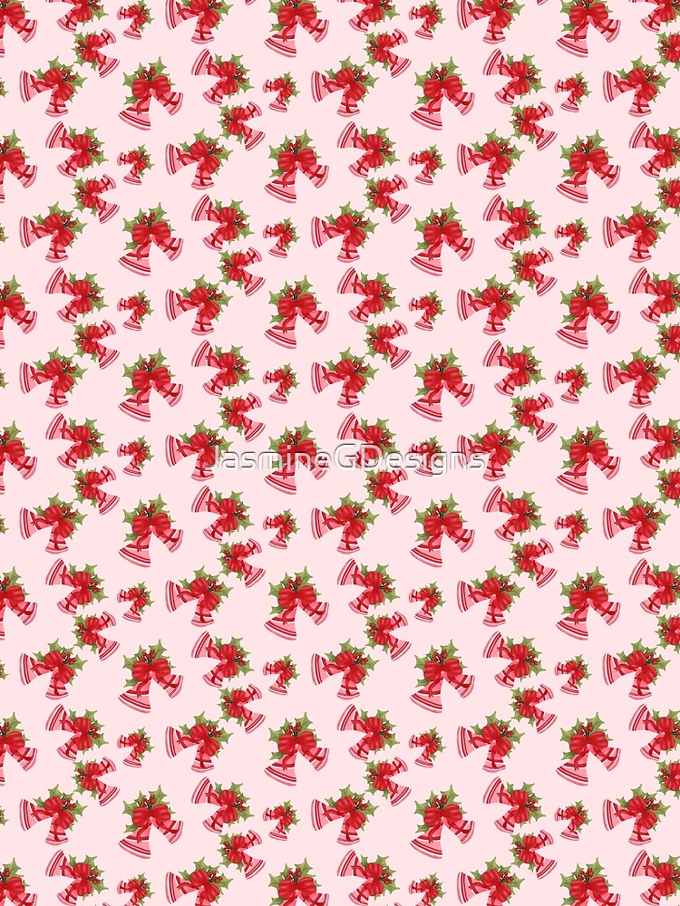 Christmas Bells with Red Bow and Berries Light Pink by JasmineGDesigns