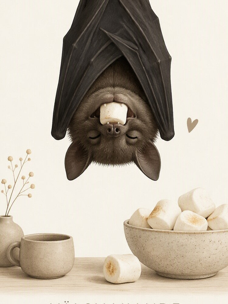 Hygge Bat & Marshmallow "DELICIOUS" Portrait by NickWhittleArt