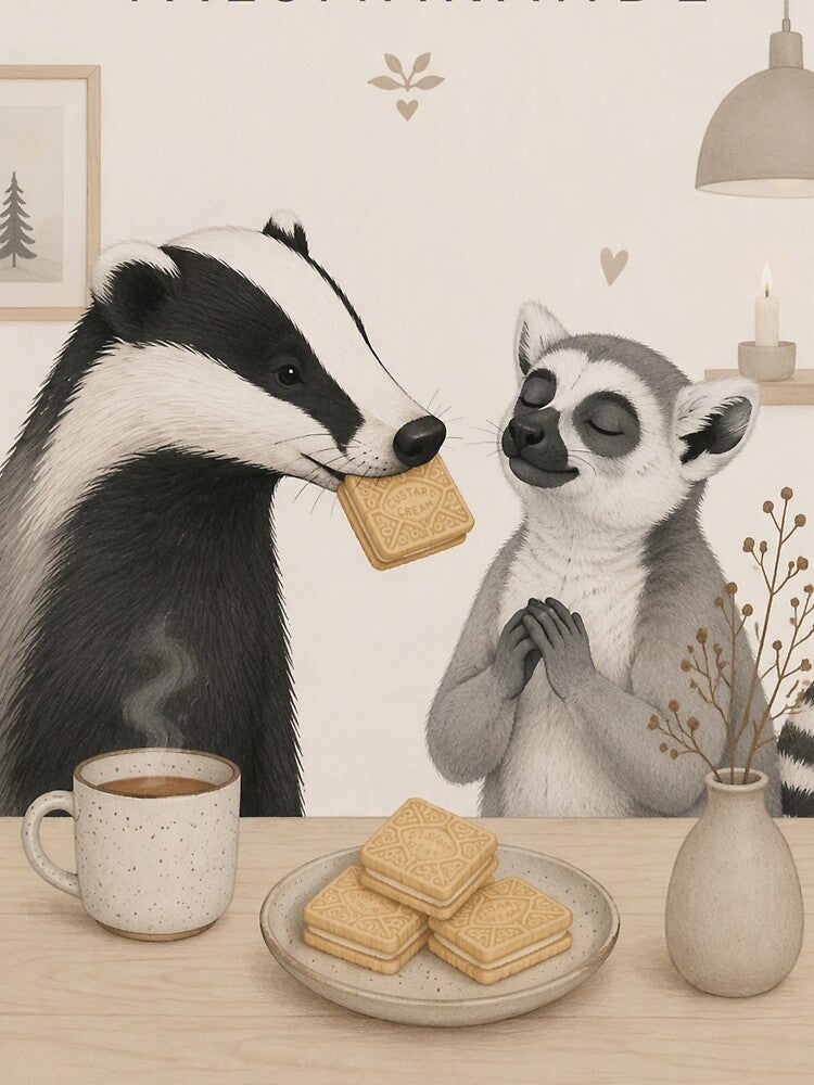 Hygge Lemur, Badger & Custard Creams "DELICIOUS" Portrait by NickWhittleArt