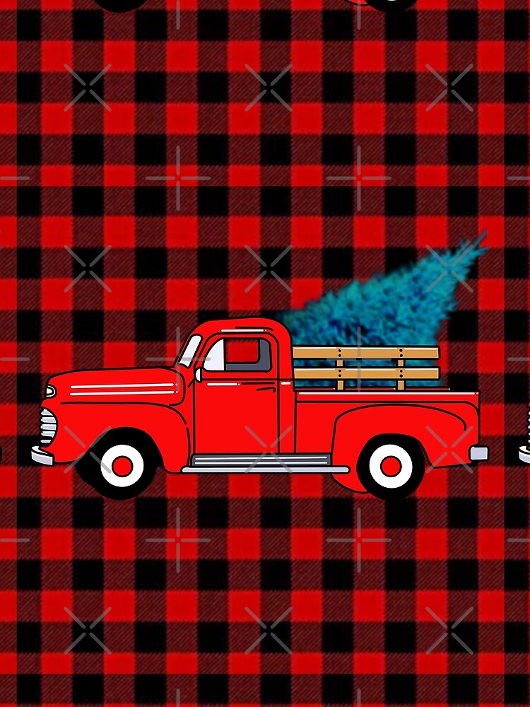 Vintage red pick-up truck drawing, red buffalo plaid pattern, holiday design, Christmas tree by hollycooper
