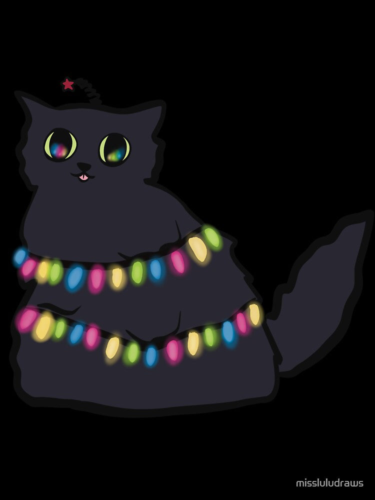 black cat in christmas lights by missluludraws