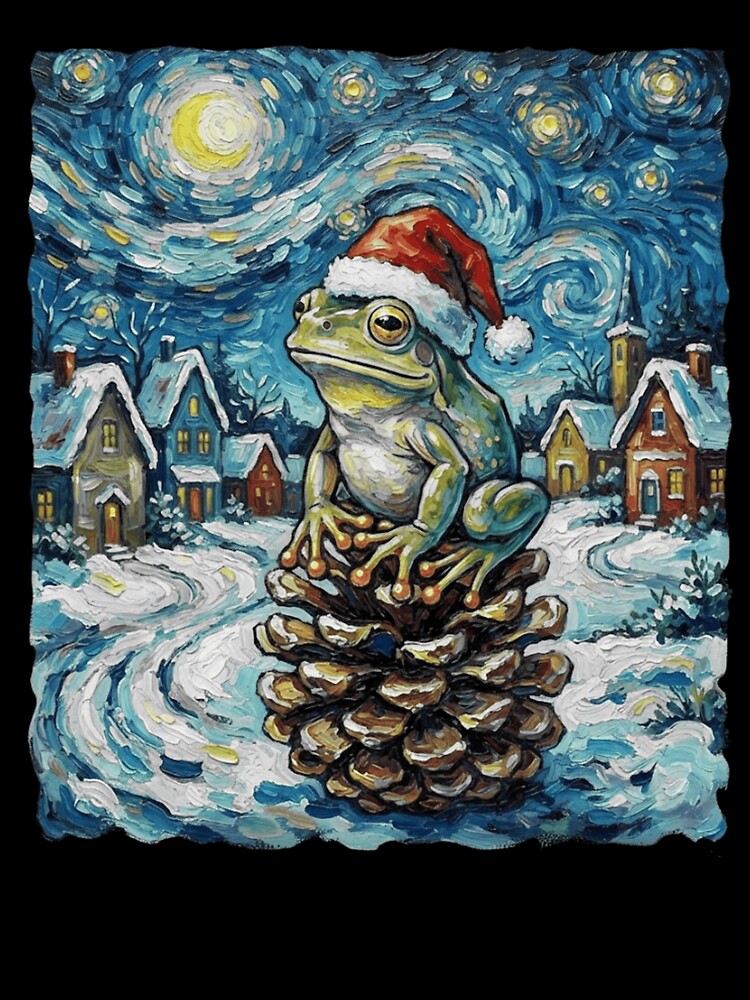 Christmas Frog on Pinecone in Swirling Winter Village by MiALopezArt