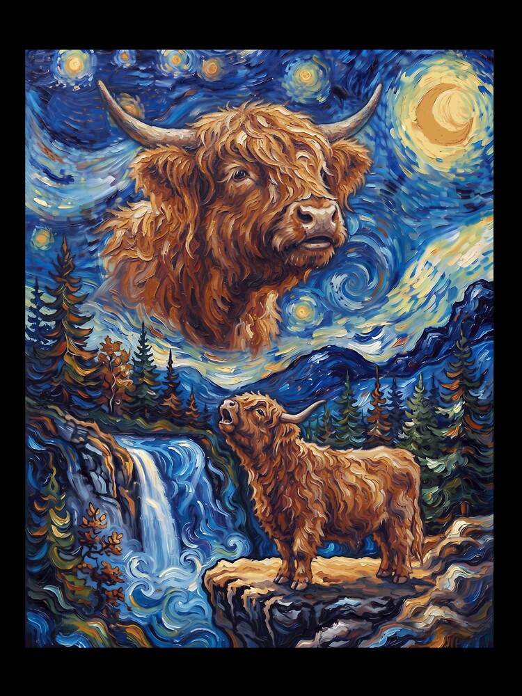 Highland Cow Howling Moon Starry Night Van Gogh Art Animal Lover by dian-rody-crest