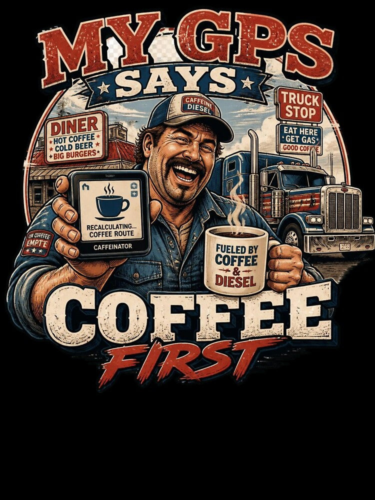 Funny Trucker Gift My GPS Says Coffee First Semi Truck Driver Design by thoughtswear