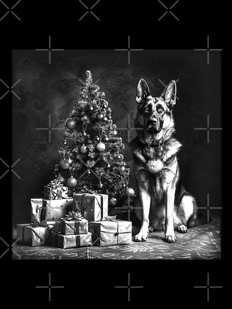 German Shepherd Beside a Christmas Tree – Black and White Holiday Dog Art by inkoutninja