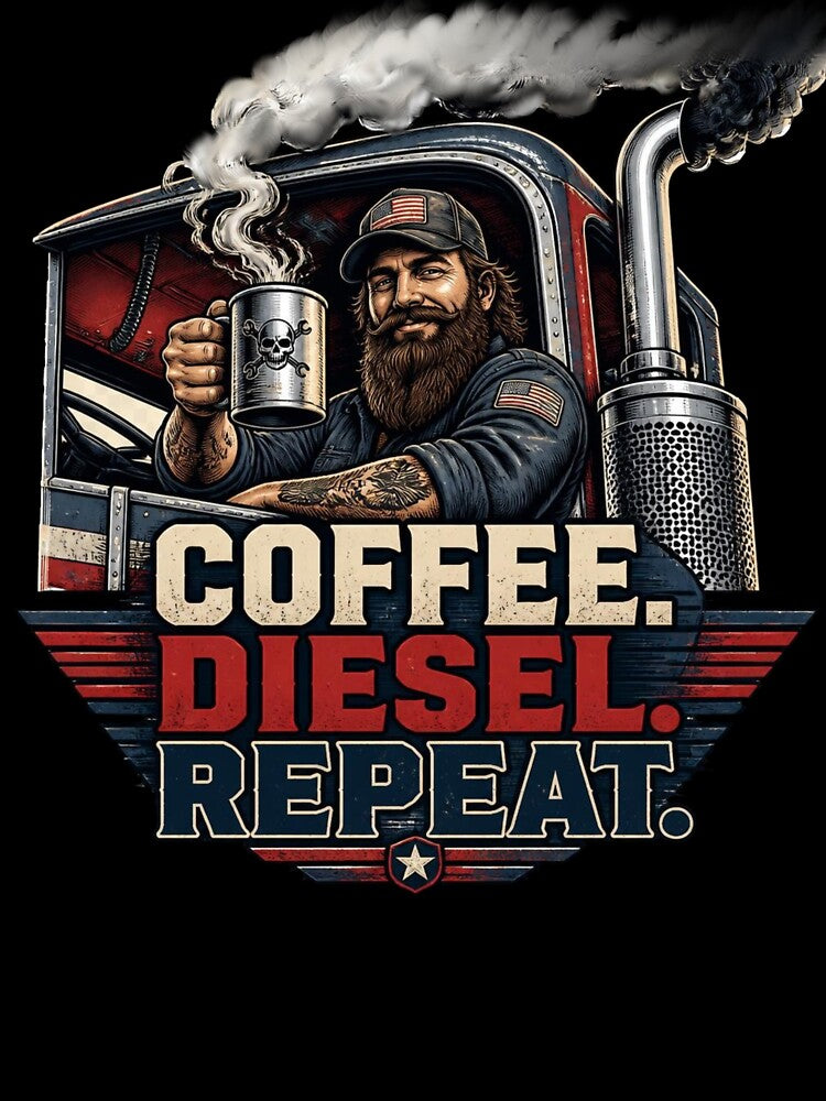 Funny Trucker Gift Coffee Diesel Repeat Semi Truck Driver Trucking Design by thoughtswear
