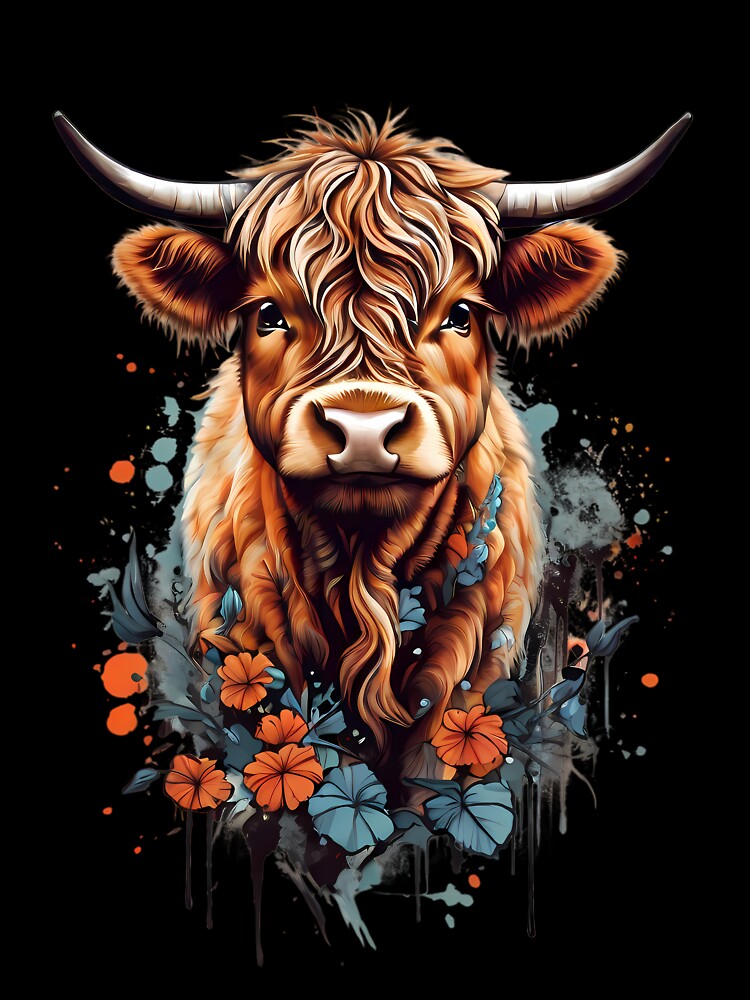 Cute Highland Cow, Red and Blue Flowers by BajanTees
